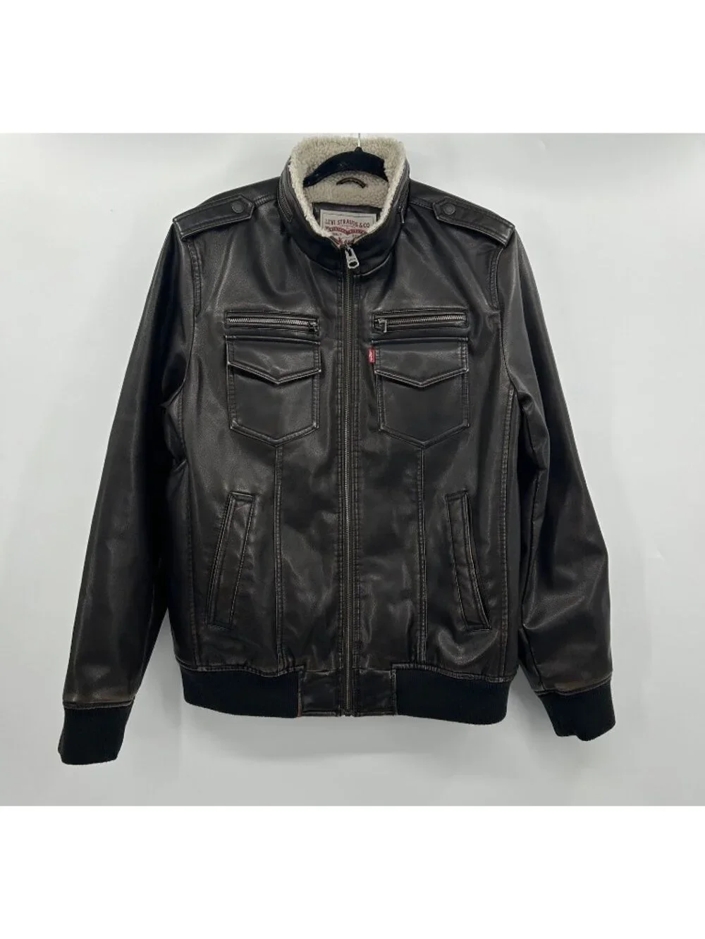 VTG Levi’s Aviator Flight Jacket Mens Size M Brown Faux Leather Sherpa Bomber -